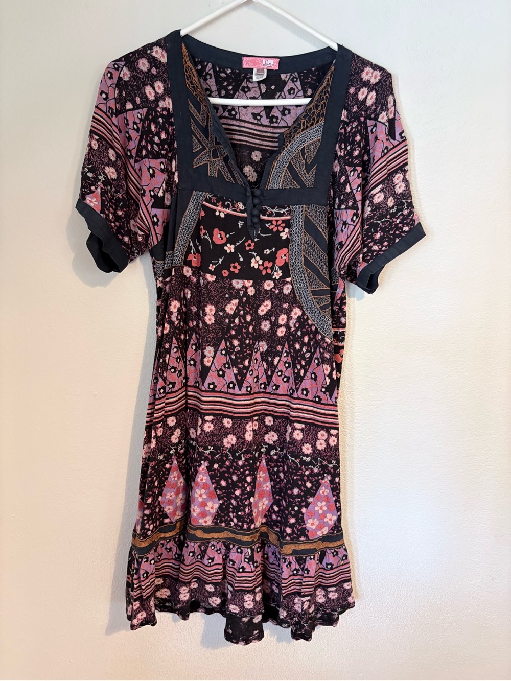 Lux Pink and Black Patterned Short Sleeve Dress